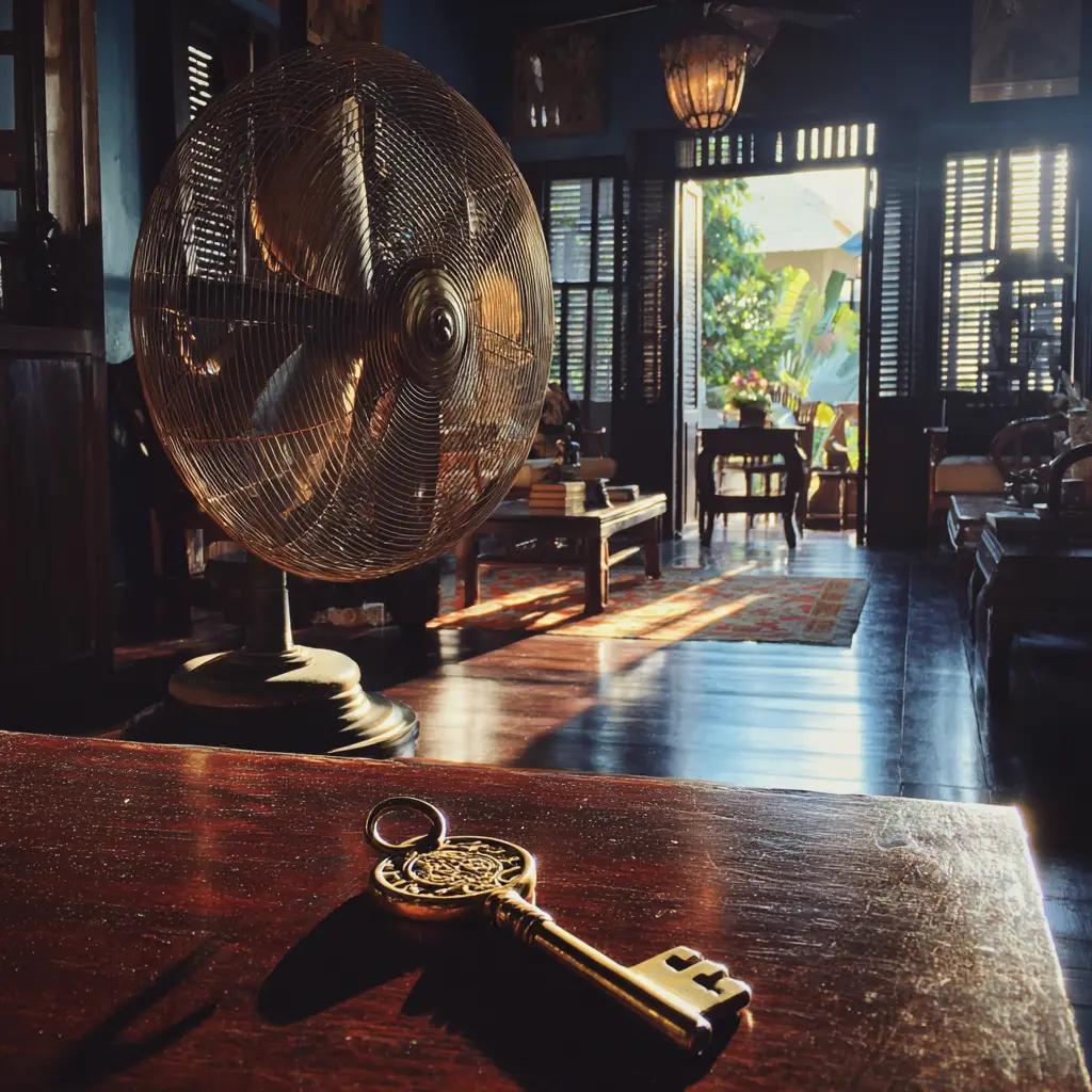Antique brass key on a wooden table in a room in Luang Prabang