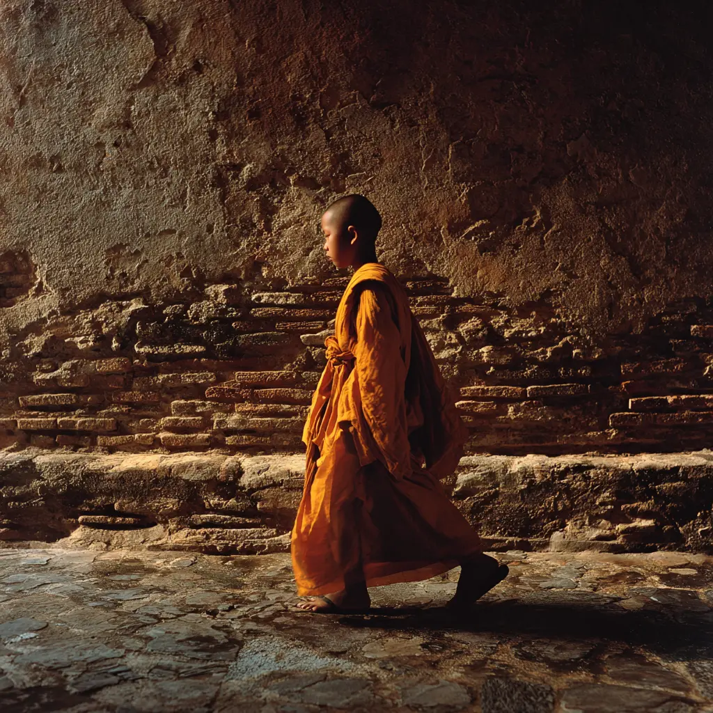 Young monk in saffron robes walks past ancient brick wall in Luang Prabang