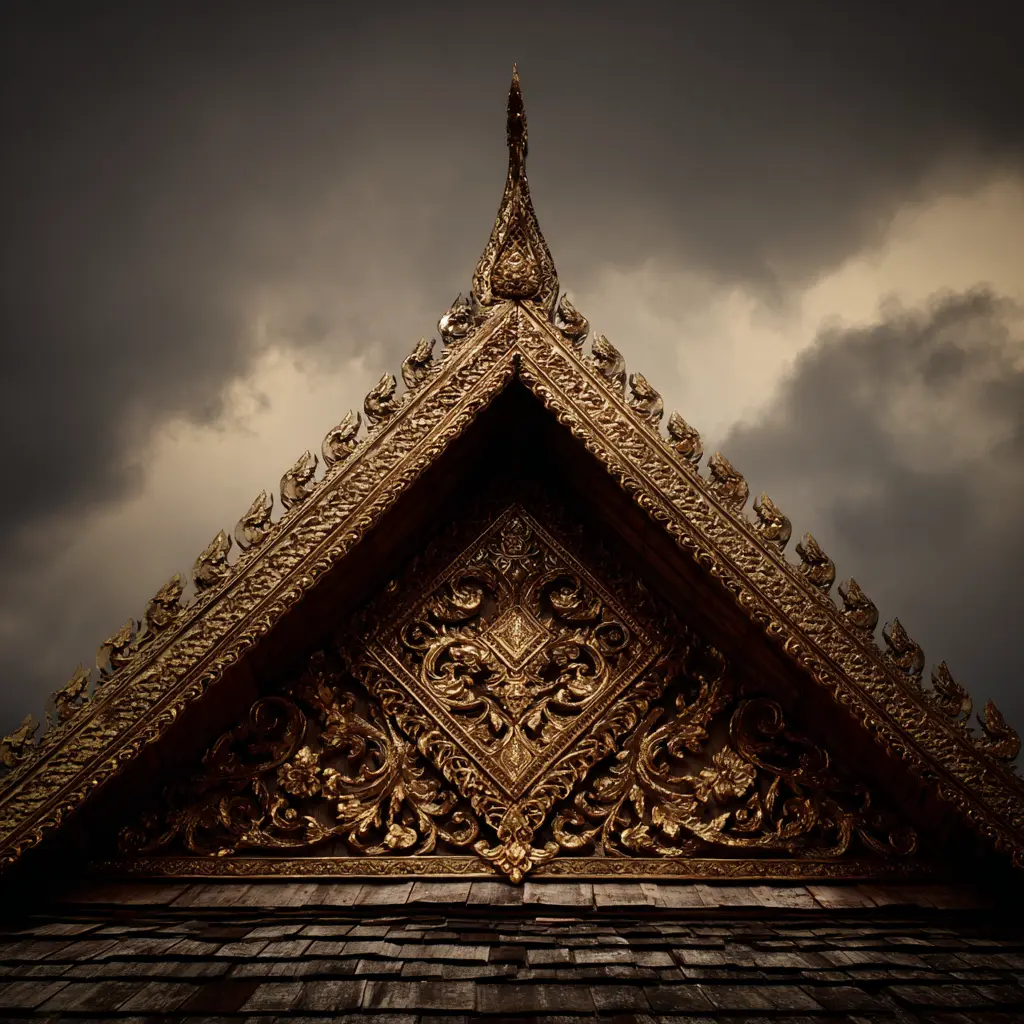 Ornate golden temple roof in Luang Prabang, Laos, under a dramatic sky.