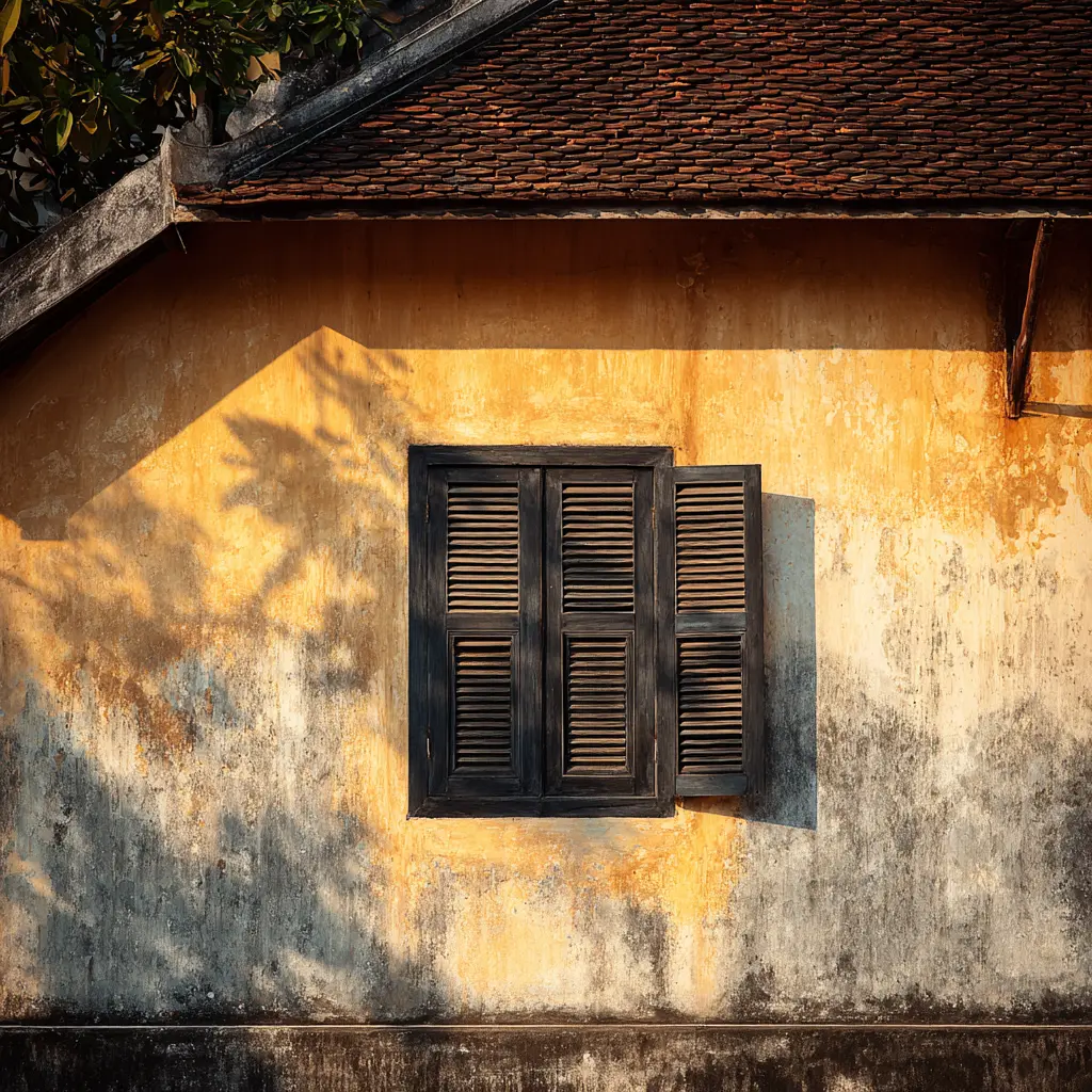 Luang Prabang weathered wall with a dark shuttered window and tiled roof