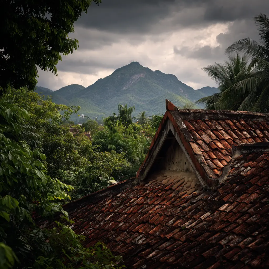 Luang Prabang: Rooftop view of tiled roof, lush greenery, and misty mountains.