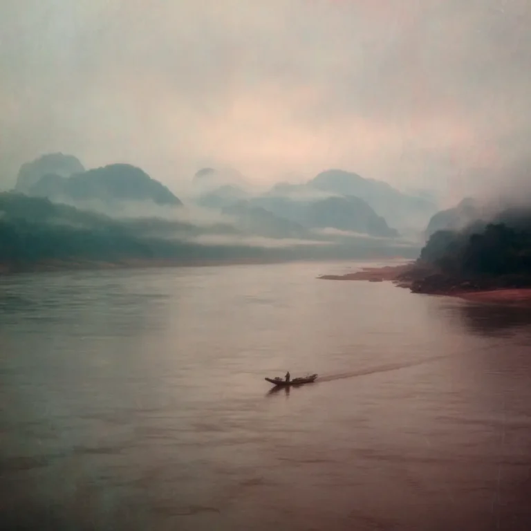 Misty mountains and a boat on the Mekong River in Luang Prabang