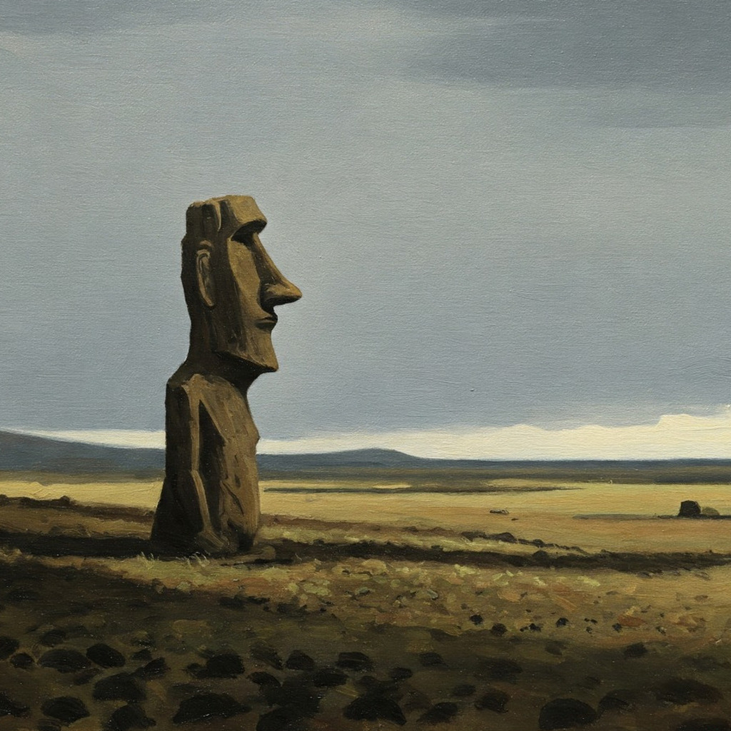 Moai statue on Easter Island under a cloudy sky. UNESCO site.