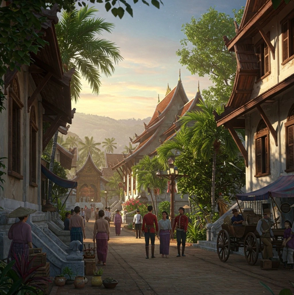 Luang Prabang street scene with traditional architecture and people in period clothing.