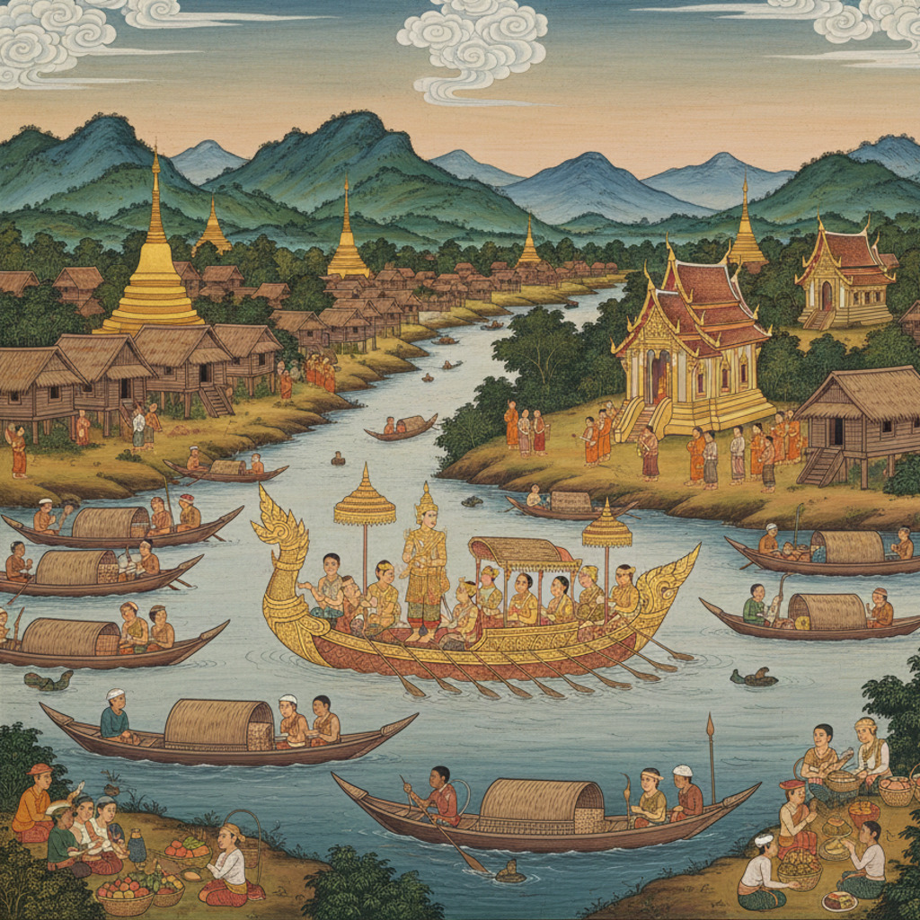 Luang Prabang river scene with golden temples, boats, and people along the riverbanks.