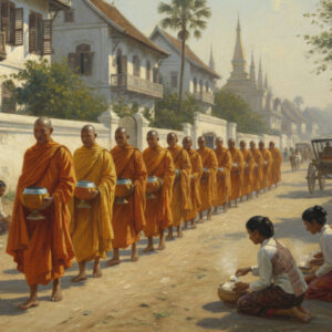 Monks collecting alms in Luang Prabang, a UNESCO World Heritage Site.