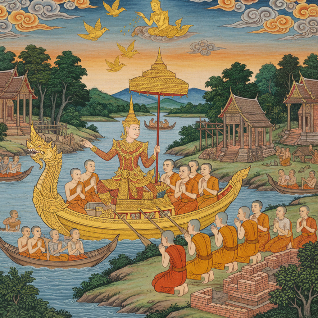 Ornate painting of a royal procession on a river in the Ayutthaya Kingdom.