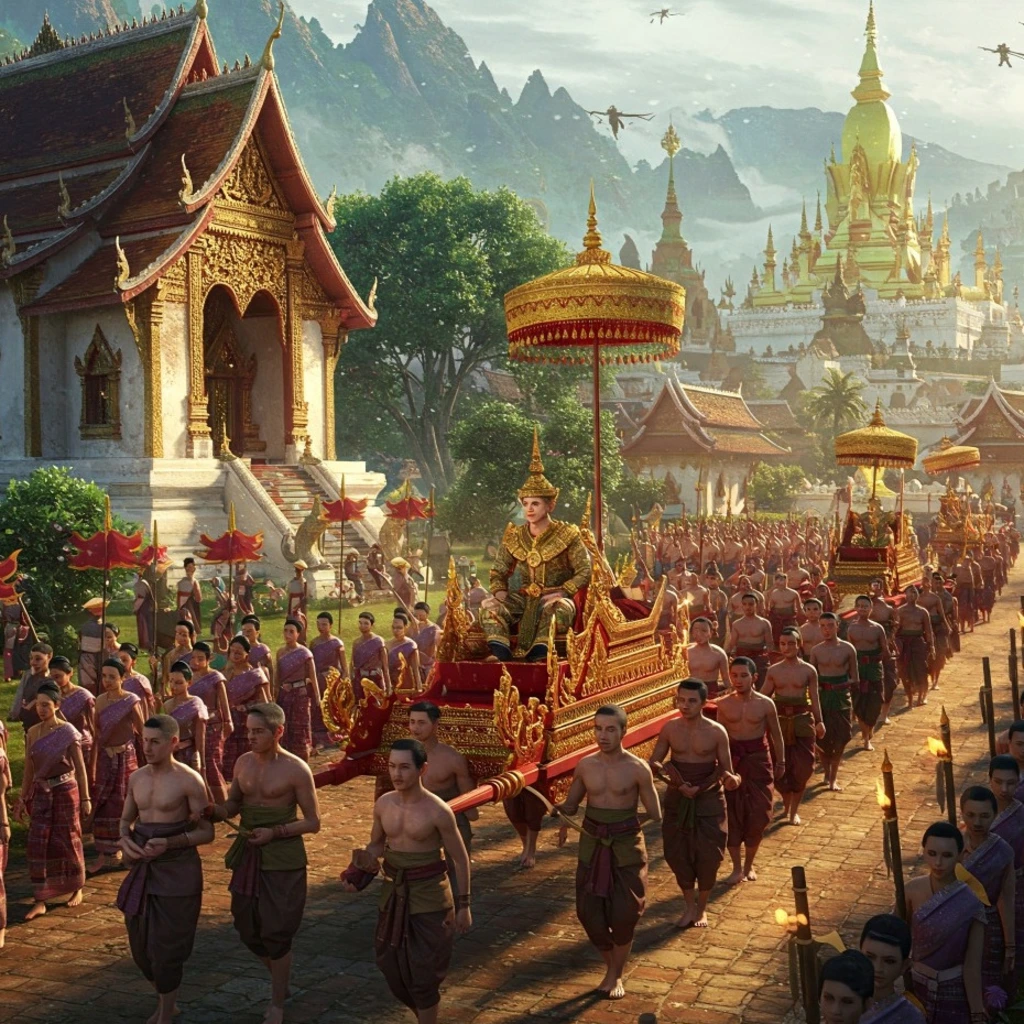 Luang Prabang procession with gilded chariot and monks