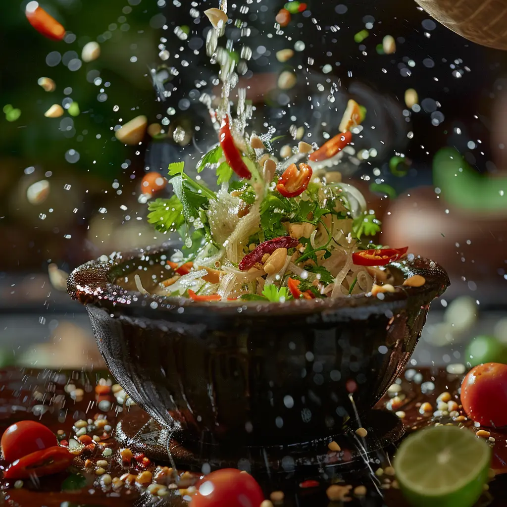 Spicy Thai papaya salad (Som Tum) being prepared with chili, lime, and peanuts.