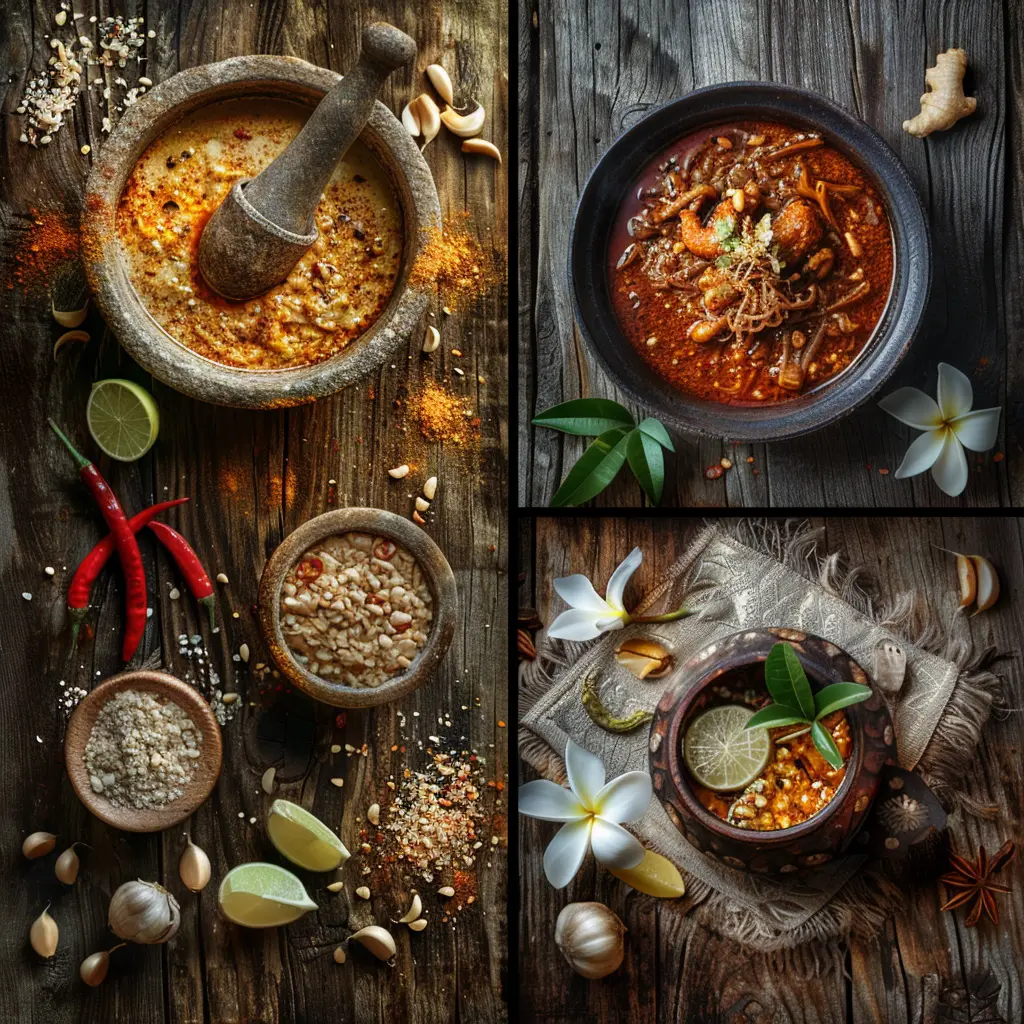 Thai food heritage: mortar, spices, chili, curry, and ginger on wood