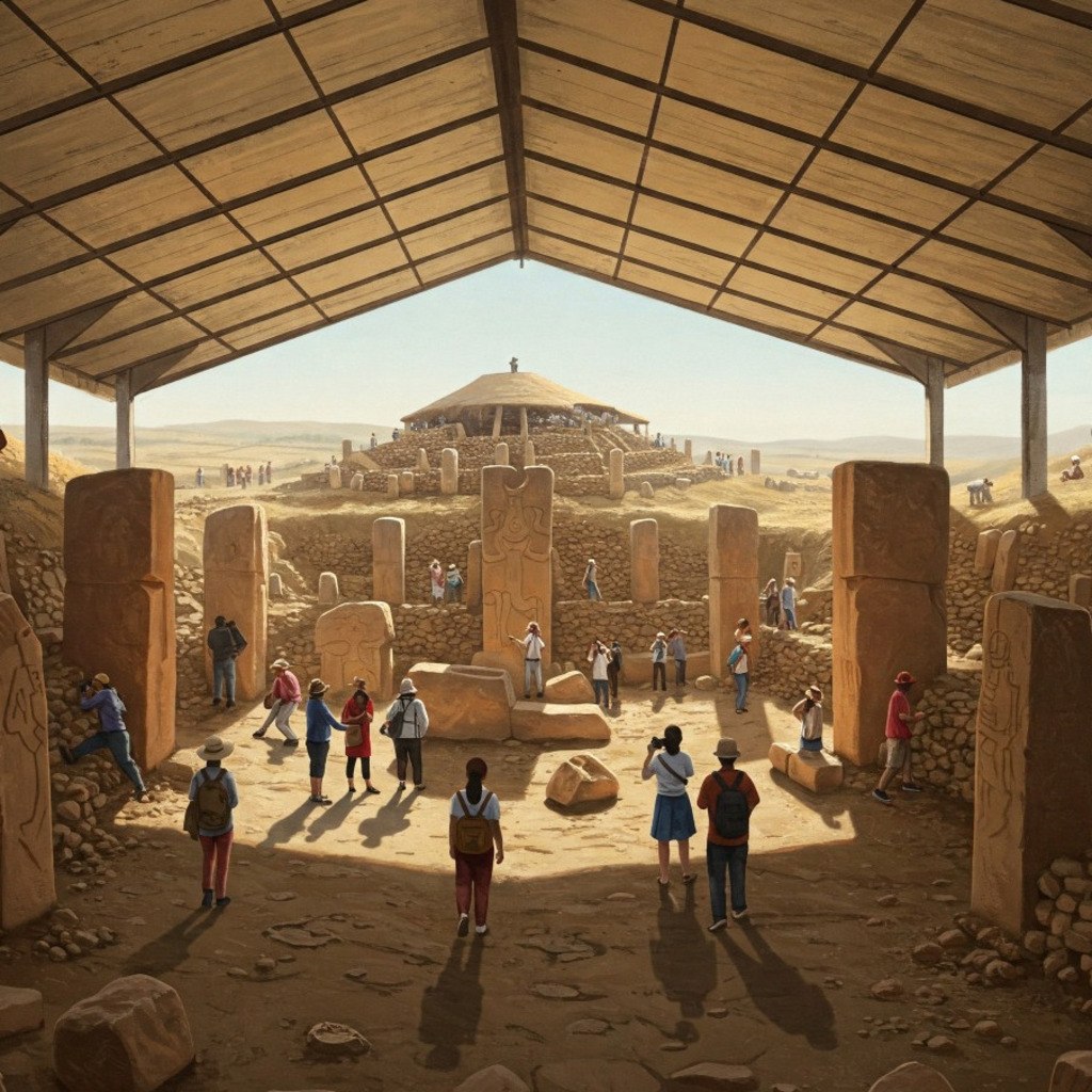 Göbekli Tepe archaeological site with standing stones and visitors, related to UNESCO's work.