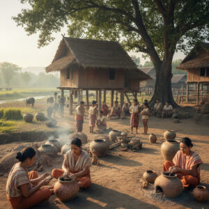 Ban Chiang village scene: Women crafting pottery in front of traditional stilt houses, Thailand.