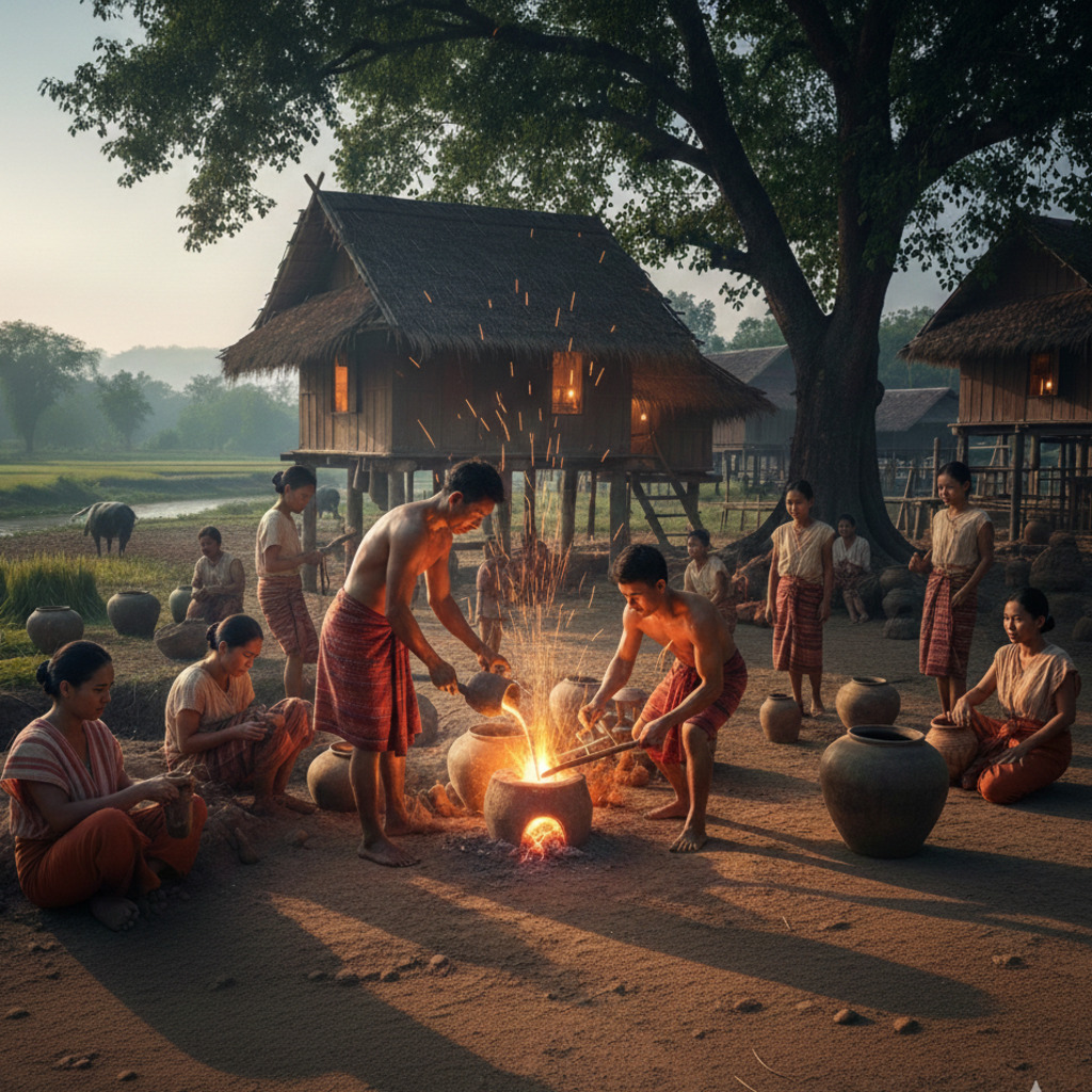 Ban Chiang village scene with people cooking over open fires in front of thatched-roof houses.