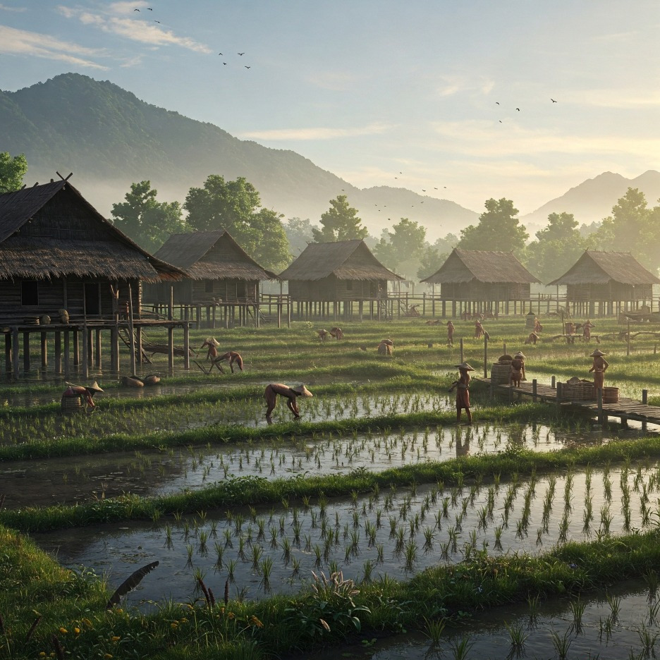 Ban Chiang rice paddies with traditional stilt houses and farmers working, showcasing Southeast Asian agriculture.