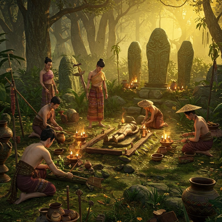 Ban Chiang ritual scene in a forest clearing, with figures tending to a body near ancient stone markers.