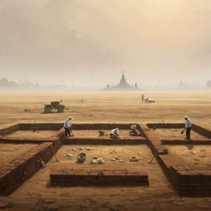 Archaeological dig site with workers uncovering brick foundations, ancient city in background. UNESCO relevance.