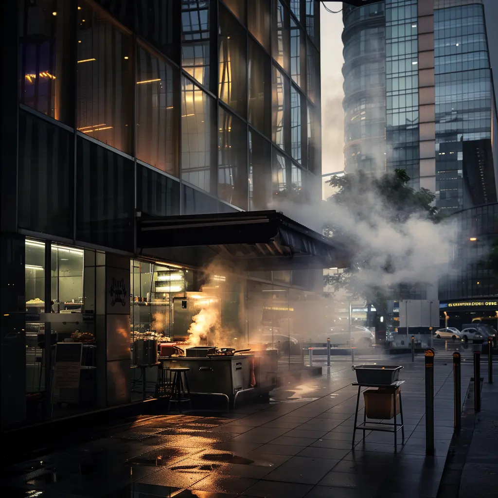 Foodie traveller at a steamy street food stall in a modern city