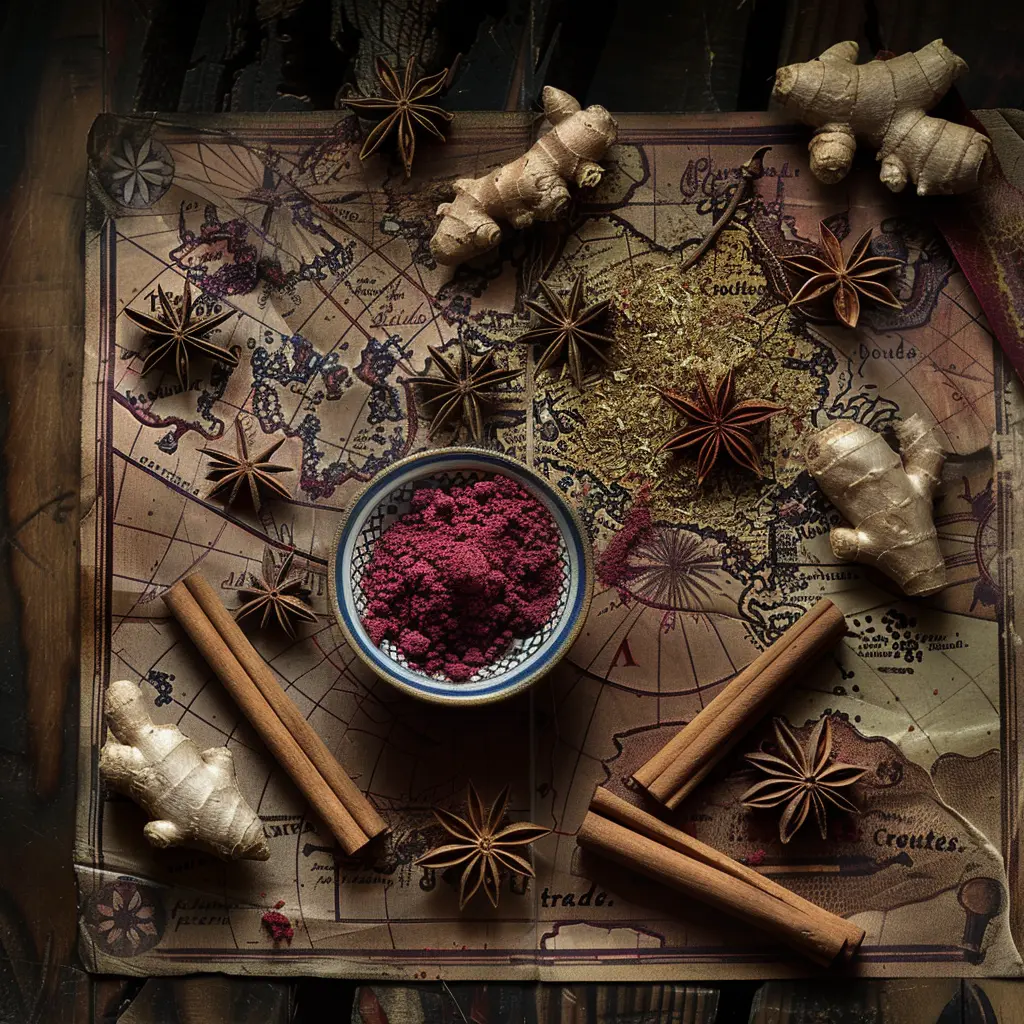 Spices and ginger on an old map, a foodie traveller's inspiration.