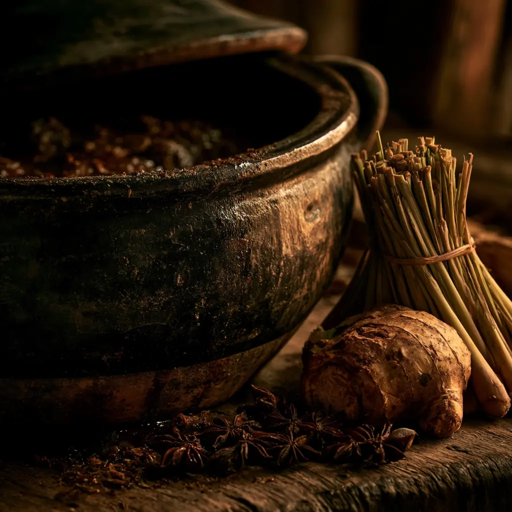 Clay pot with spices like ginger and star anise, for a foodie traveller.