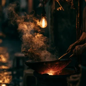 Foodie traveller watches steam rise from wok cooking over fire