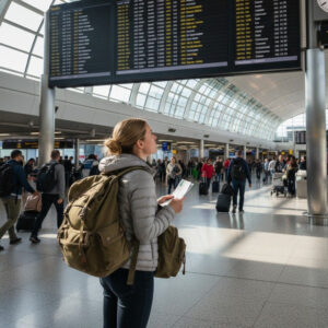 Woman with backpack checks airport flight board for her foodie traveller destination.