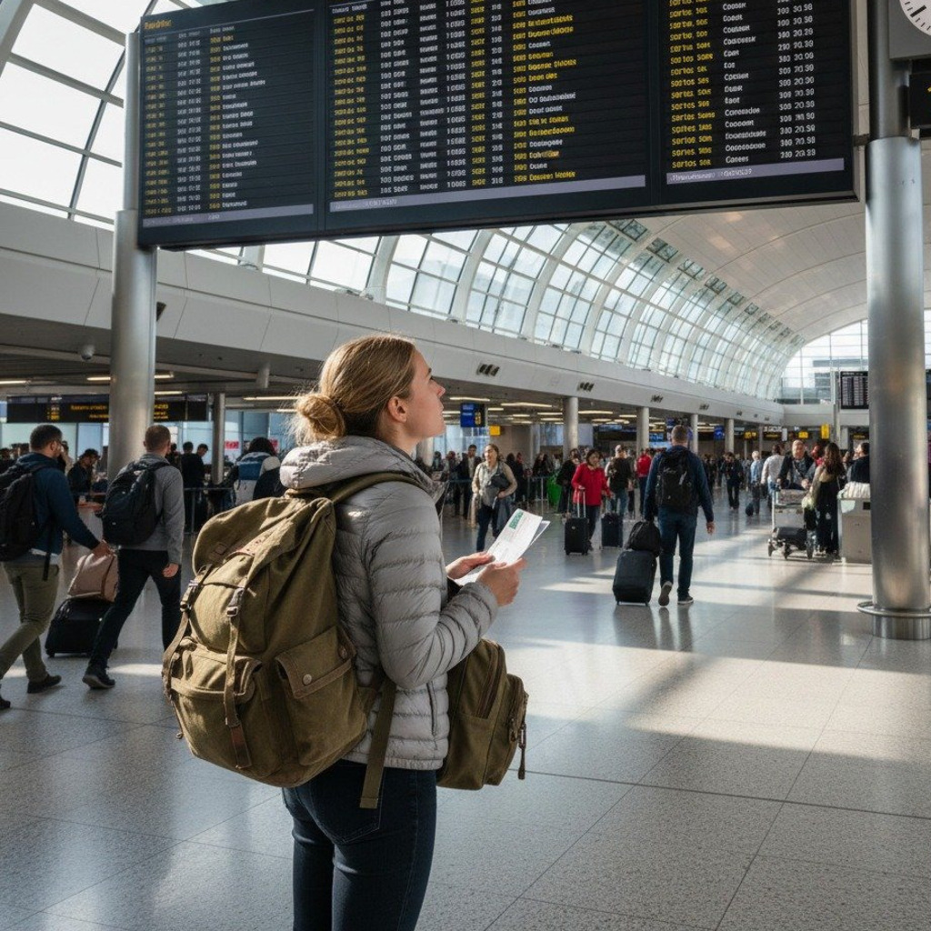 Woman with backpack checks airport flight board for her foodie traveller destination.