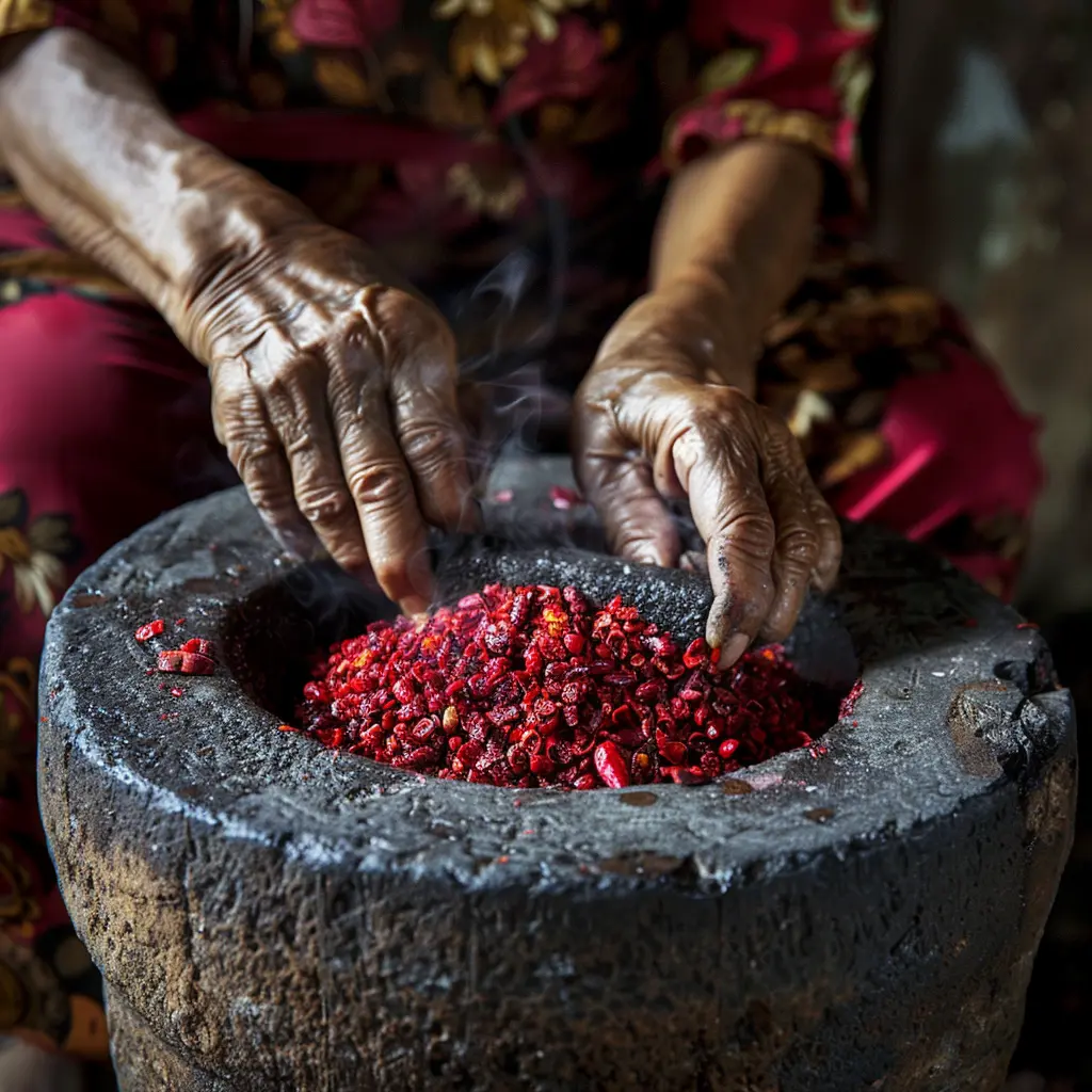 Jawi Peranakan woman grinding red chilies in a mortar and pestle.