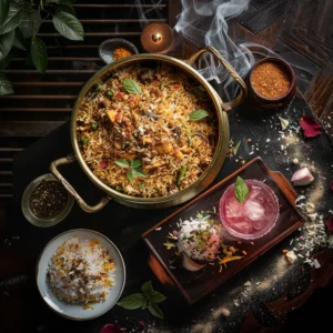 Jawi Peranakan biryani with a pink drink and spices
