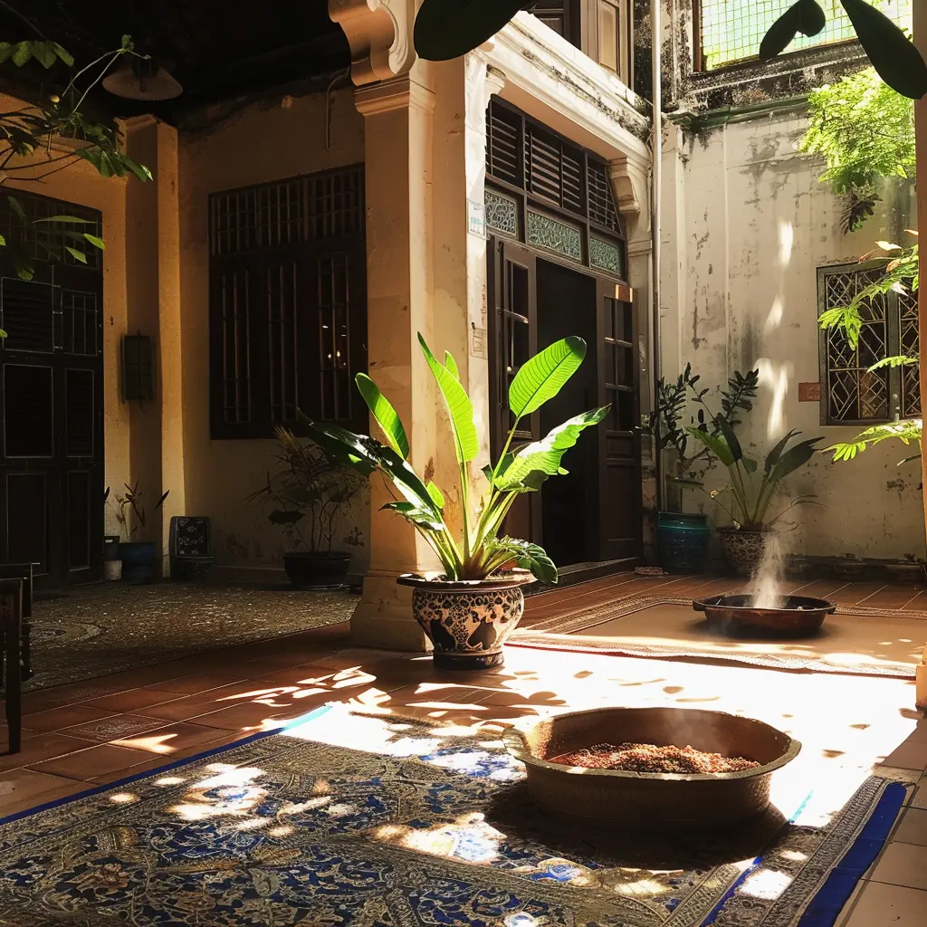 Jawi Peranakan courtyard with plants and steaming bowls