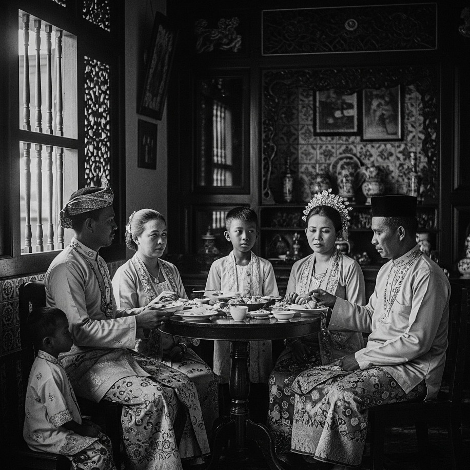 Black and white photo of a Jawi Peranakan family in traditional clothing sharing a meal.