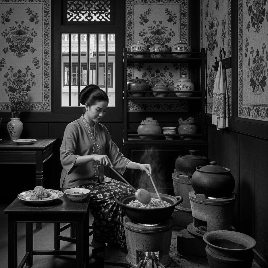 Woman cooking Jawi Peranakan cuisine in a traditional kitchen setting, stirring food in a large pot.