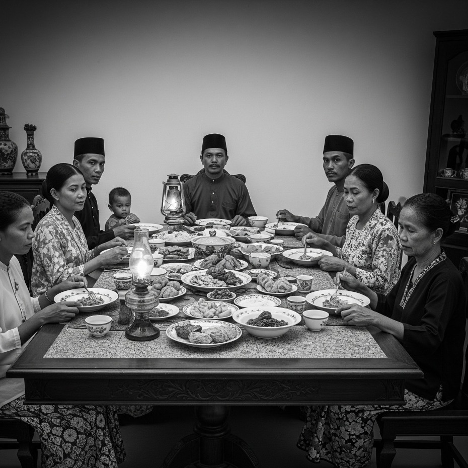 Jawi Peranakan family gathered around a table with traditional food, lit by oil lamps.