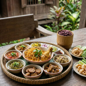 Northern Thai food platter with khao soi, various curries, sausage, and sticky rice.