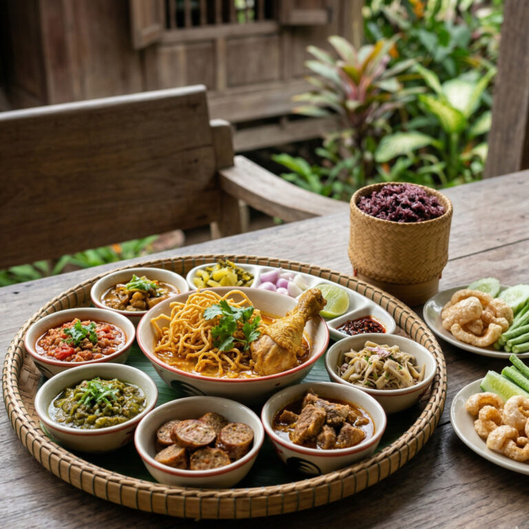 Northern Thai food platter with khao soi, various curries, sausage, and sticky rice.