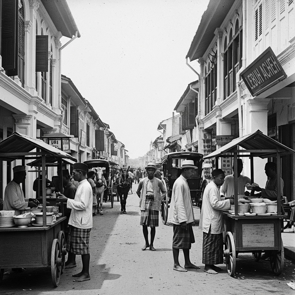 Street scene with food vendors in Penang, Malaysia. Lebuh Acheh sign visible, reflecting Jawi Peranakan heritage.