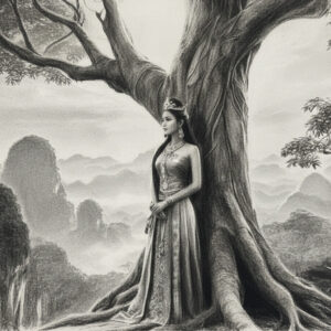 Mahsuri under a tree in Langkawi, a drawing depicting the legend of Mahsuri.