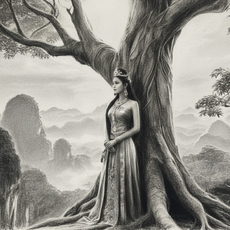 Mahsuri under a tree in Langkawi, a drawing depicting the legend of Mahsuri.