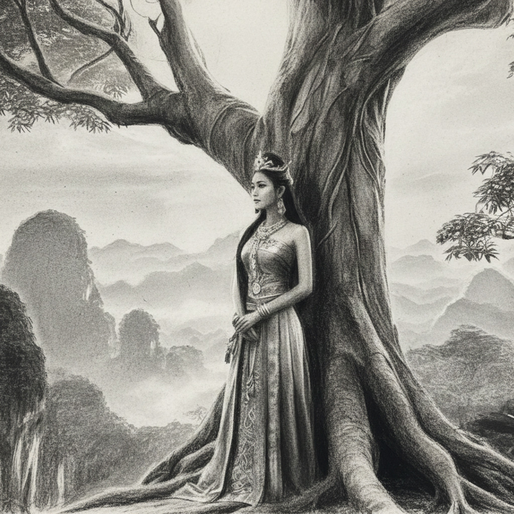 Mahsuri under a tree in Langkawi, a drawing depicting the legend of Mahsuri.