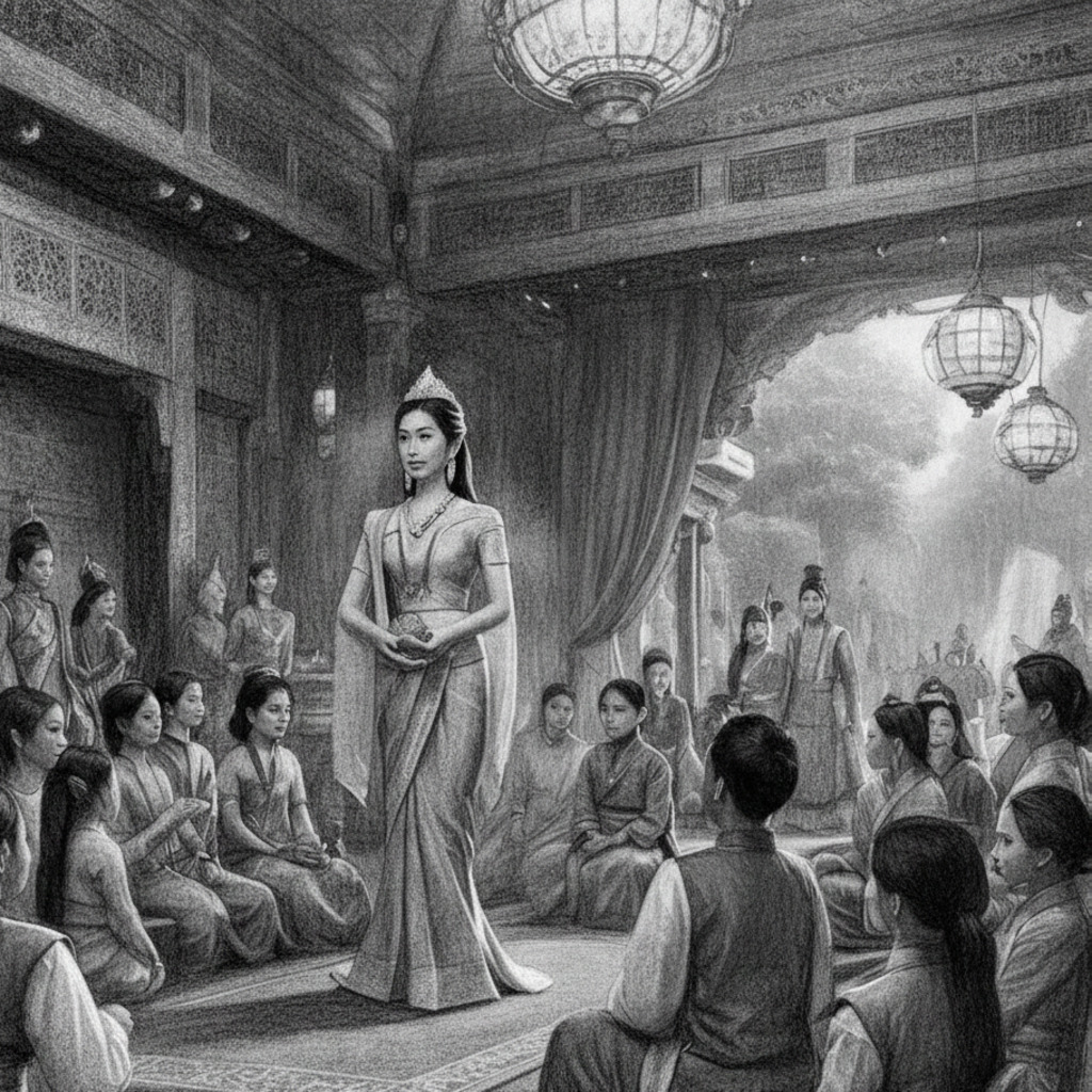 Mahsuri, a princess in traditional dress, addresses her court in a grand hall, illustrating the legend of Mahsuri.