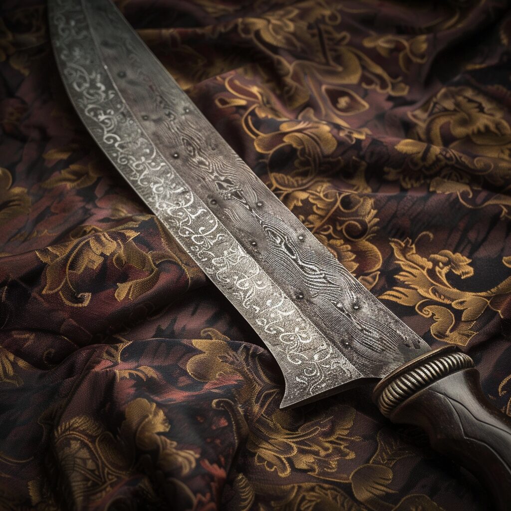 Damascus dagger with intricate patterns, reminiscent of the legend of Mahsuri.