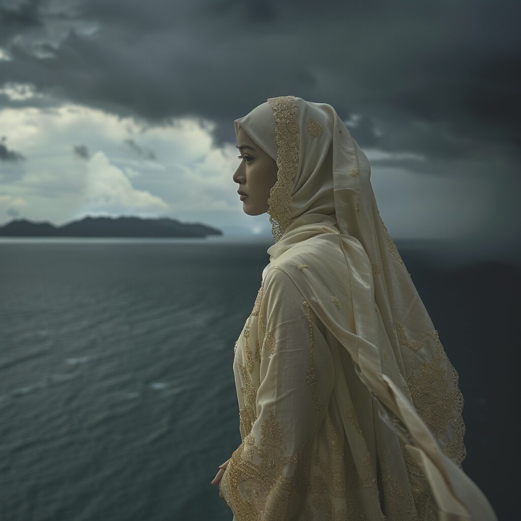 Woman in traditional attire gazes at stormy sea, evoking the legend of Mahsuri.