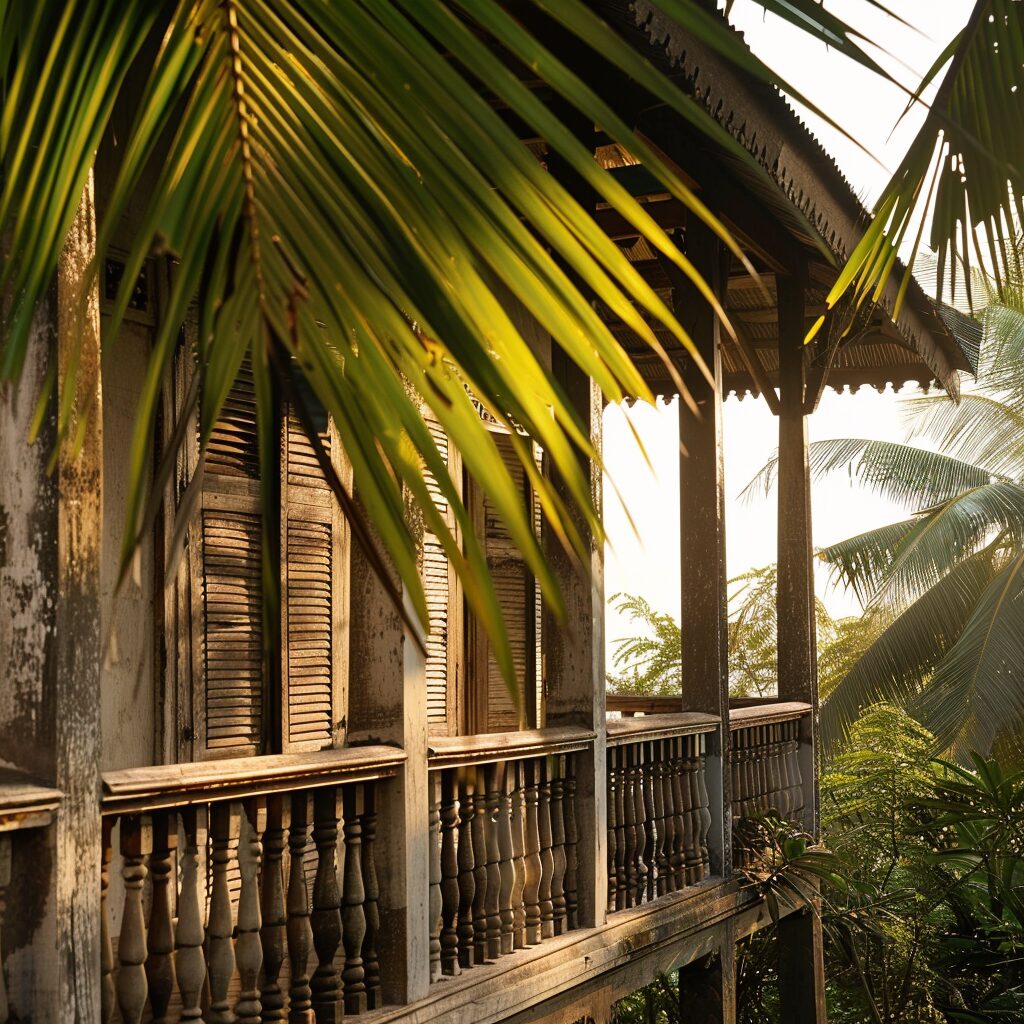 Old wooden house with palm fronds in sunlight, reminiscent of the legend of Mahsuri.