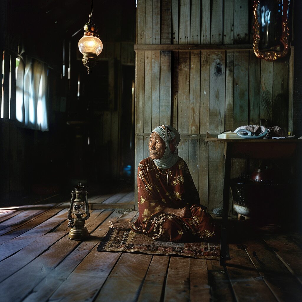 Elderly woman in traditional attire, reminiscent of the legend of Mahsuri, sits in a rustic dwelling.