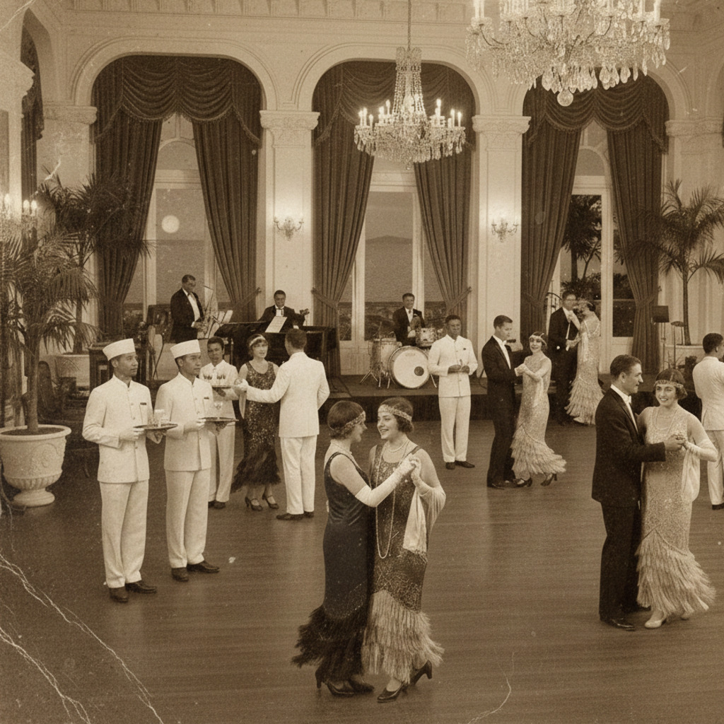 1920s style dancers and jazz orchestra at a formal event, reminiscent of E&O Penang history.