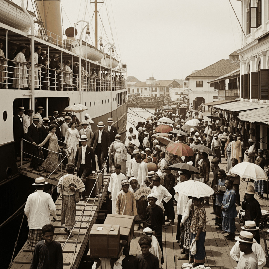 E&O Penang history: Dock scene with ship, passengers, and crowds on a pier.