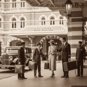 E&O Hotel Penang history: Guests arriving with luggage at the historic Eastern & Oriental Hotel.