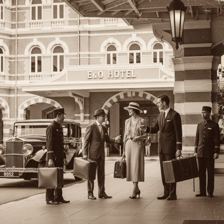 E&O Hotel Penang history: Guests arriving with luggage at the historic Eastern & Oriental Hotel.