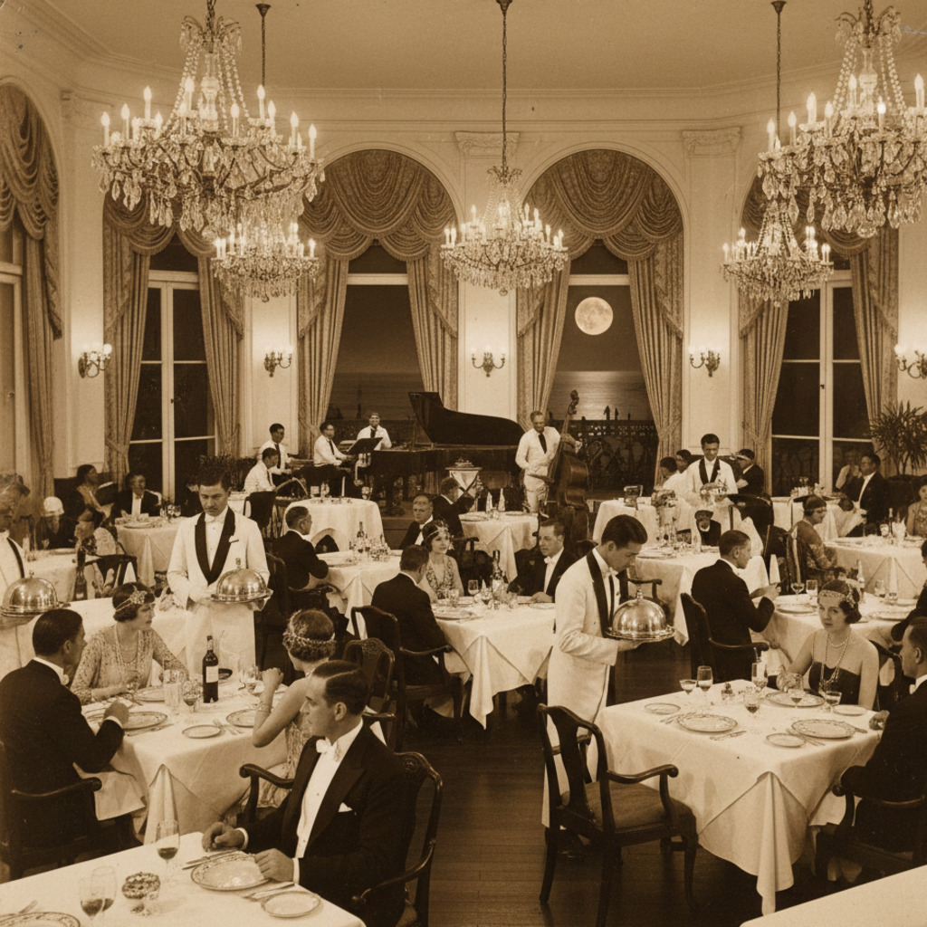 Elegant dining room at the E&O Penang, a historic hotel, with guests in formal attire.