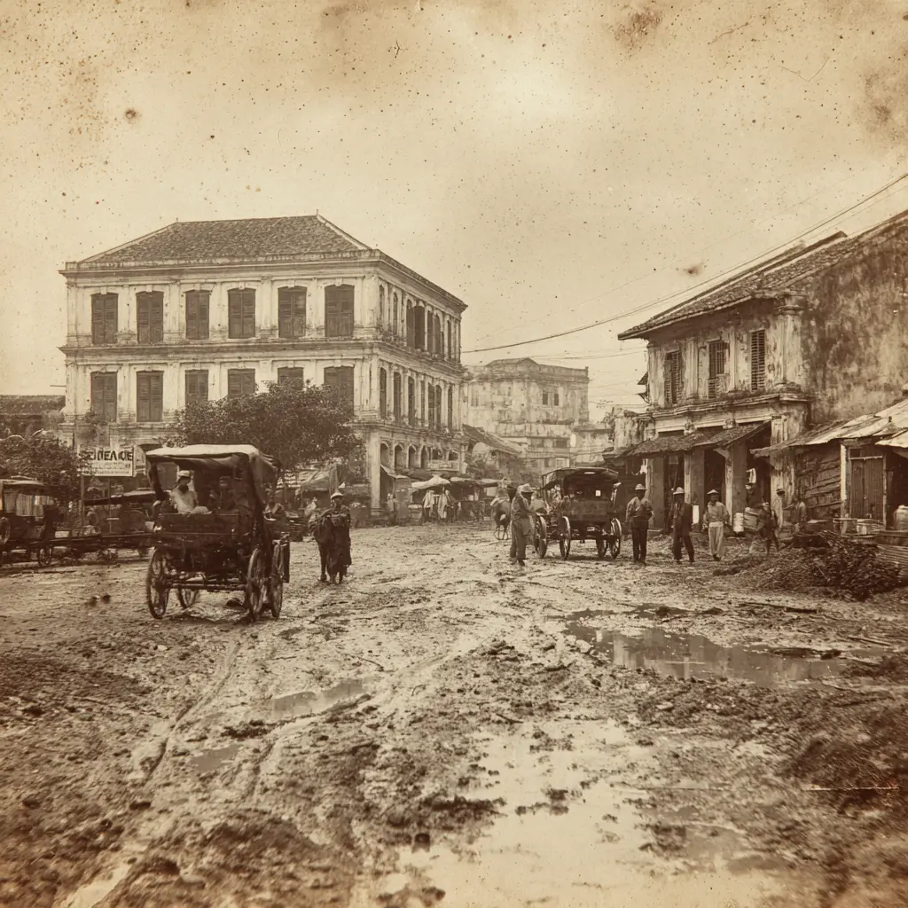 E&O Penang history: Muddy street with horse-drawn carriages and colonial buildings