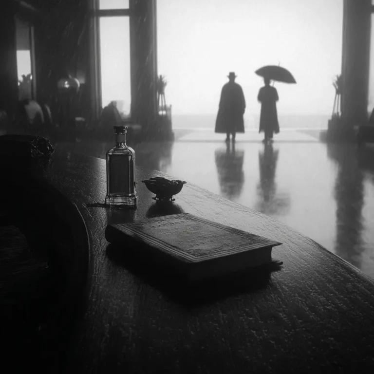 E&O Penang history: Vintage book, bottle, and two figures with umbrella in rainy lobby.